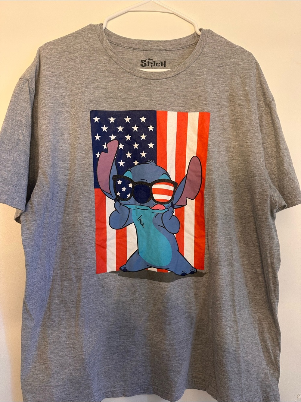 Disney Stitch American Flag Patriotic Graphic T-Shirt Gray XL
